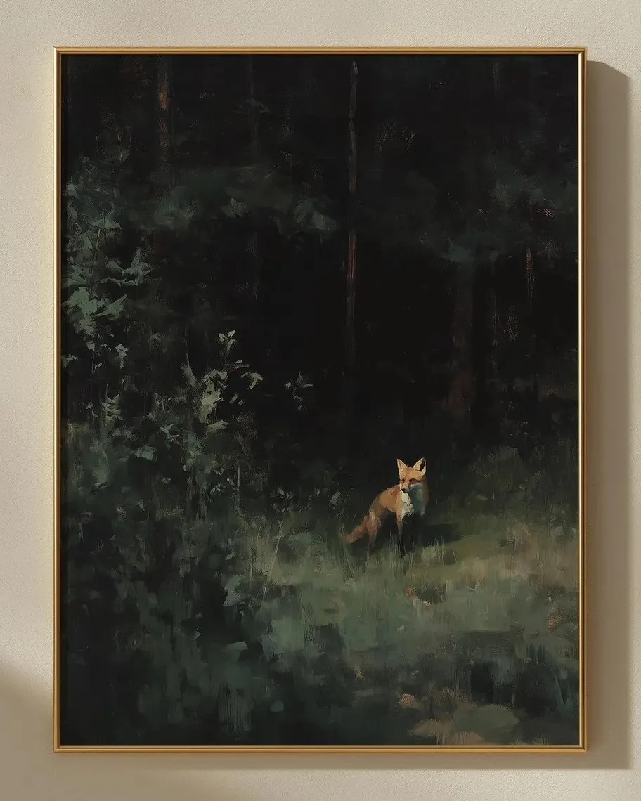 Fox in the Woods, Vintage Oil Painting Print