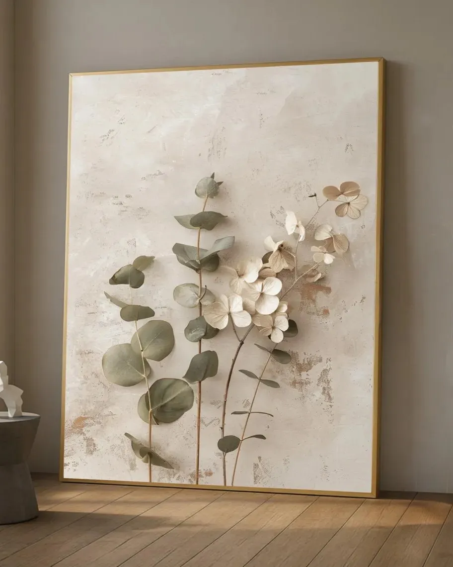 Neutral Botanical Canvas, Beige Eucalyptus & White Hydrangea